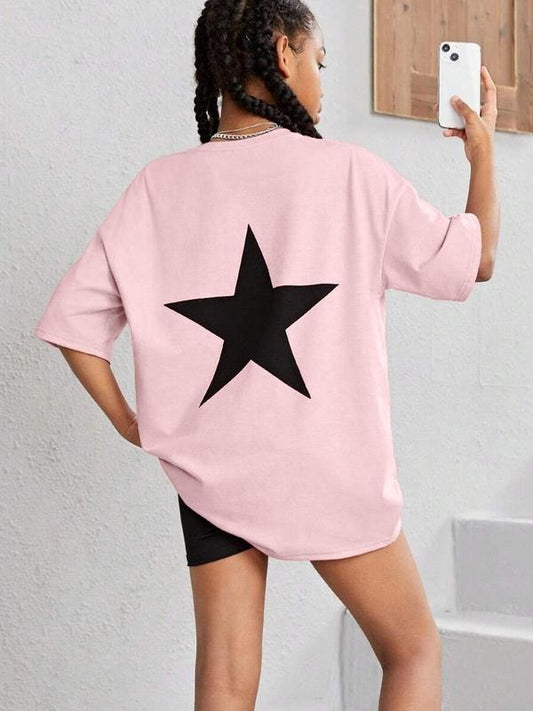 Women's Letter & Star Print Round Neck Tee, Casual Short Sleeve Crew Neck T-Shirt for Summer, Fashion Women's Top for Daily Wear