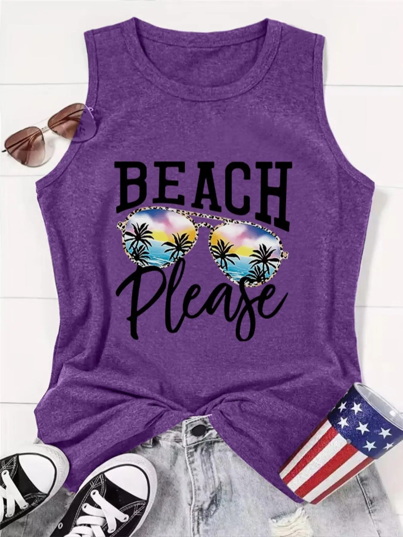 Women's Letter & Sunglasses Print Round Neck Tank Top, Casual Sleeveless Crew Neck Top for Summer, Ladies Clothes for...