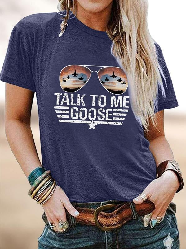 Women's Letter & Sunglasses Print Round Neck Tee, Fashion Casual Crew Neck Short Sleeve T-Shirt for Summer, Women's Clothes for Daily Wear, Tshirt