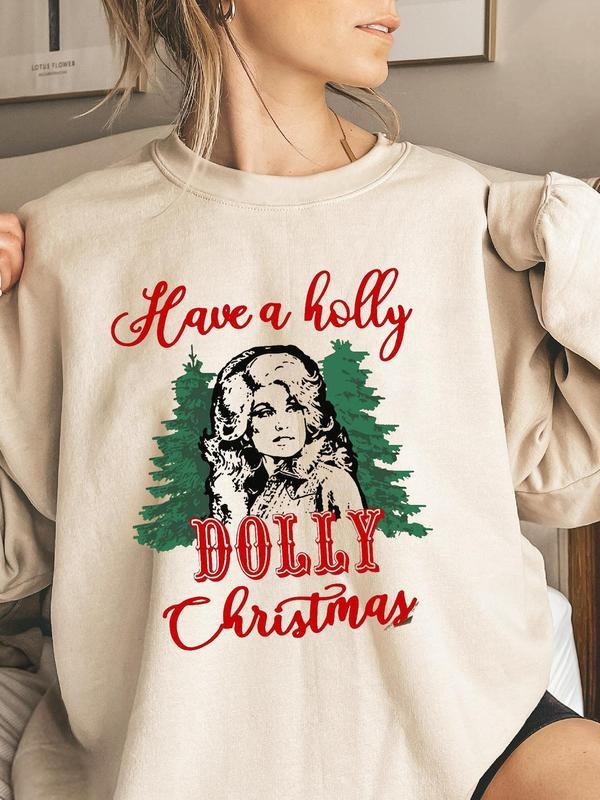 Women's Letter & Tree Print Drop Shoulder Sweatshirt, Casual Long Sleeve Round Neck Pullover for Daily Wear, Ladies Fall & Winter Clothes