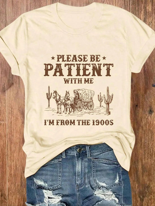 Women's Letter & Wagon Print Round Neck Tee, Vintage Trendy Casual Short Sleeve T-Shirt for Daily Wear, Ladies Summer...
