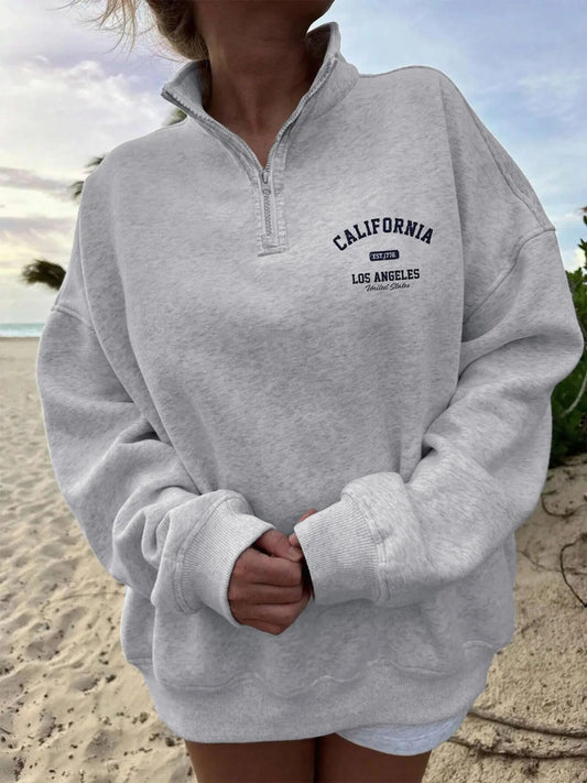 Women's Letter  Print Half Zip Sweatshirt, Casual Long Sleeve Pullover for Fall & Winter, Women's Clothes for Daily Wear