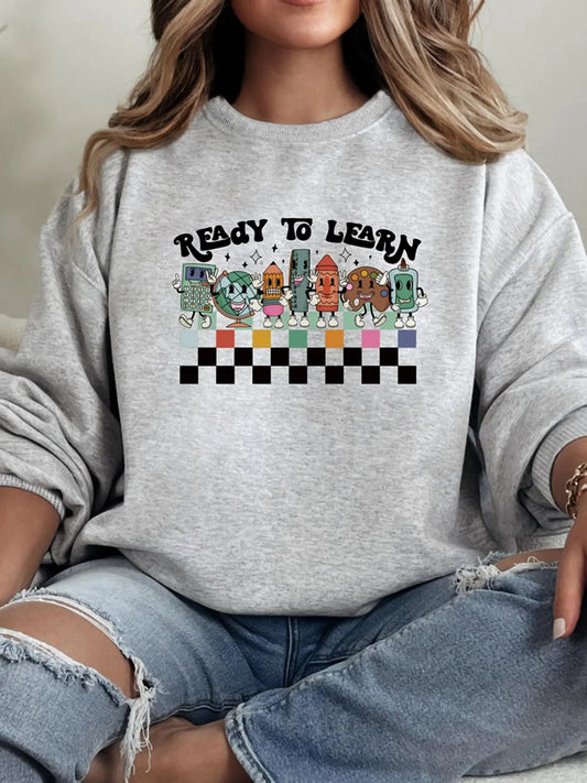 Women's Letter Print Crew Neck Sweatshirt, Casual Thermal Lined Long Sleeve Pullover for Daily Wear, Ladies Clothes for All Seasons