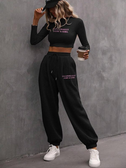 Women's Letter Print Crop Sweatshirt & Drawstring Waist Pocket Sweatpants Two-piece Set, Casual Fashion Cozy Round Neck...