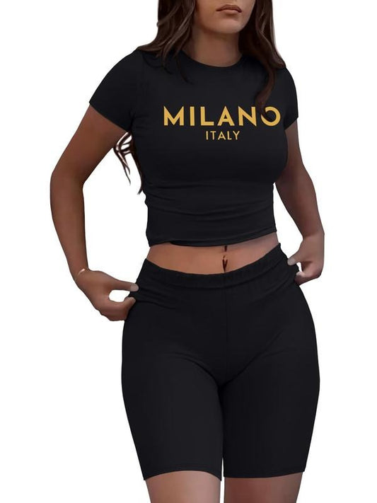 Women's Letter Print Crop Tee & Skinny Shorts Set, Casual Fashion Cozy Round Neck Short Sleeve T-shirt & Short Leggings...