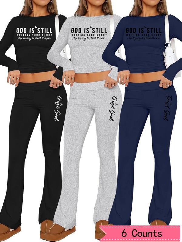 Women's Letter Print Crop Top & Flare Leg Pants Set, Casual Long Sleeve Top & Trousers for Spring & Fall, Women's Clothes for Daily Wear
