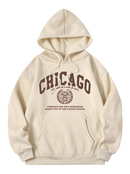 Women's Letter Print Drawstring Pocket Drop Shoulder Hoodie, Street Hooded Long Sleeve Pullover for Daily Vacation...