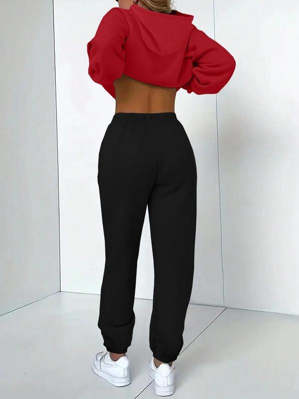 Women's Letter Print Drop Shoulder Drawstring Hoodie & Pocket Pants Two-piece Set, Casual Fashion Cozy Breathable Two Piece for Daily Outdoor Wear, Women Clothes for Fall & Winter