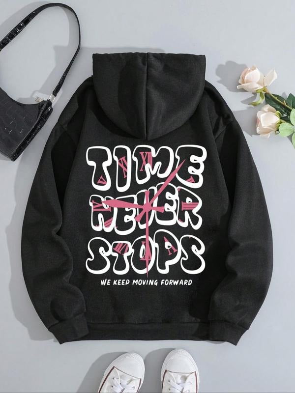 Women's Letter Print Drop Shoulder Hoodie, Fashion Casual Drawstring Kangaroo Pocket Hooded Sweatshirt for Daily Holiday Outdoor Wear, Women Clothes for Fall & Winter