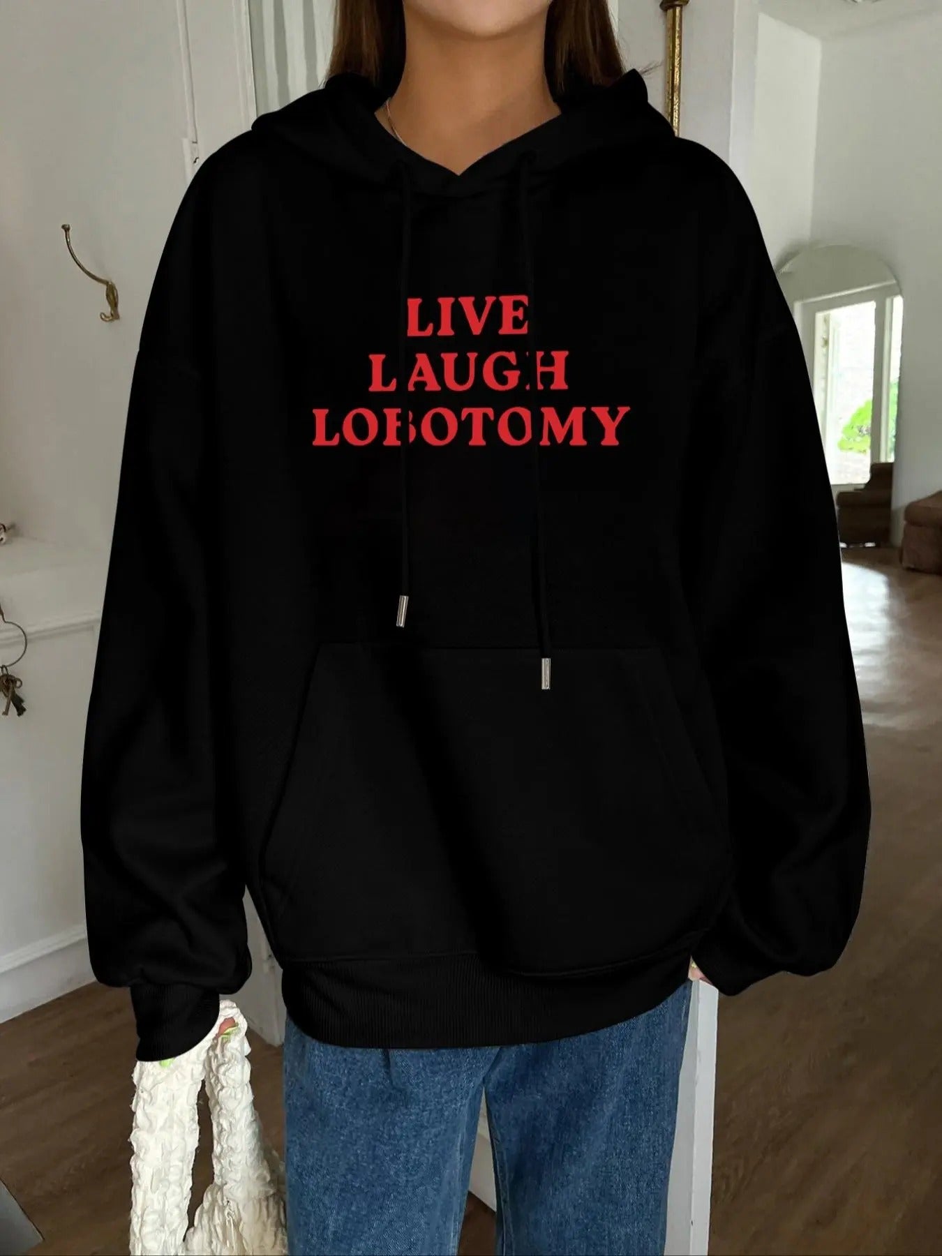 Women's Letter Print Drop Shoulder Hoodie, Fashion Casual Drawstring Pocket Hooded Sweatshirt for Daily Holiday Outdoor Wear, Women's Clothing for Fall & Winter