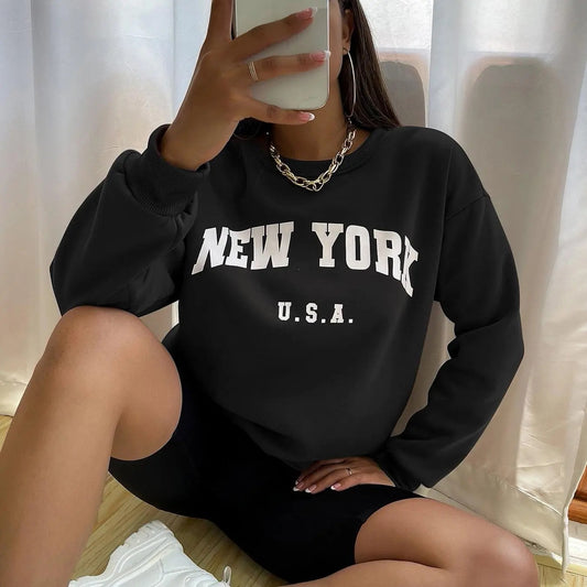 Women's Letter Print Drop Shoulder Pullover, Casual Long Sleeve Crew Neck Sweatshirt for Spring & Fall, Fashion Women's Top for Daily Wear