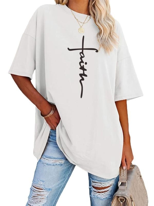 Women's Letter Print Drop Shoulder T-Shirt, Women's Summer Clothes, Casual Half Sleeve Round Neck Tee for Summer, Women's Clothing for Daily Wear