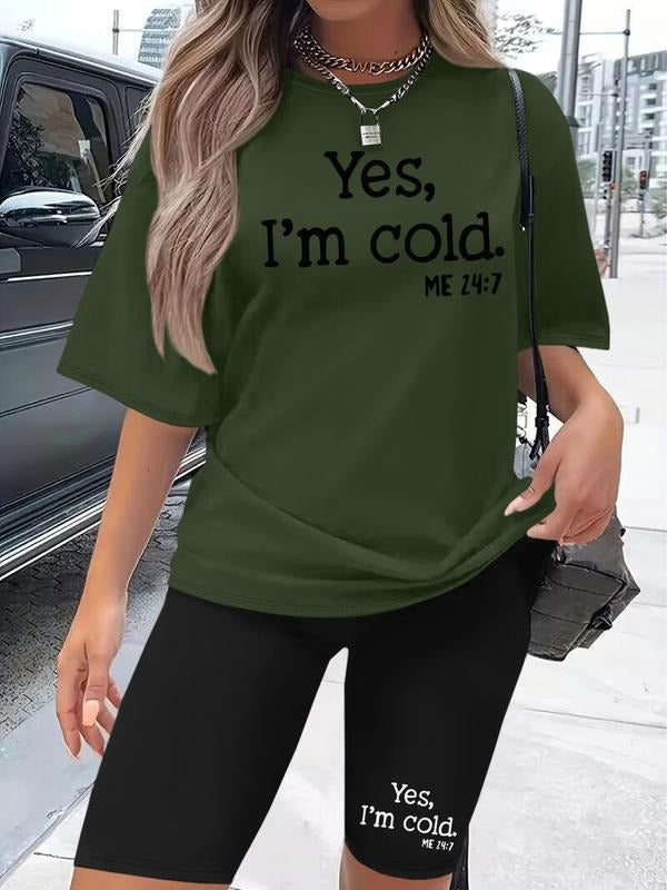 Women's Letter Print Drop Shoulder Tee & Elastic Waist Shorts Two-Piece Set, Casual Fashion Cozy Half Sleeve T-shirt &...