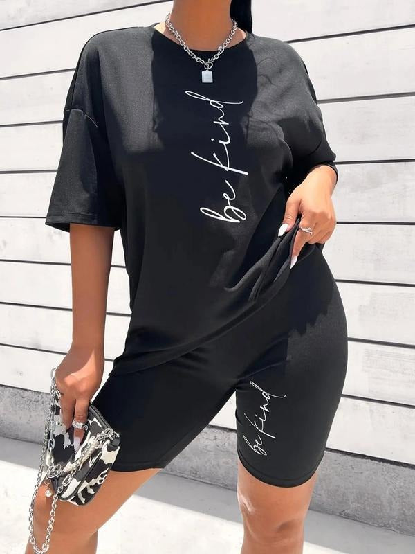 Women's Letter Print Drop Shoulder Tee & High Waist Shorts Two-piece Set, Chic Casual Fashion Cozy Half Sleeve T-shirt & Skinny Shorts for Daily Outdoor Wear, Ladies Summer Clothes