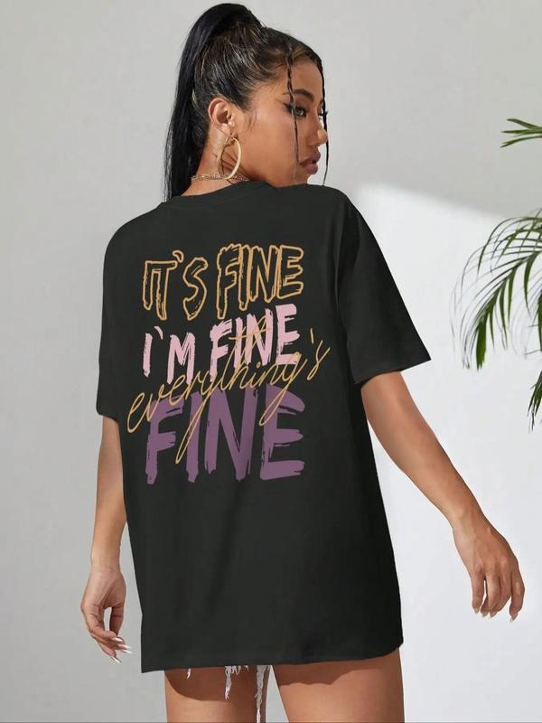 Women's Letter Print Drop Shoulder Tee, Casual Crew Neck Half Sleeve Round Neck T-shirt for Summer, Tshirt, Women's Top for Daily Wear