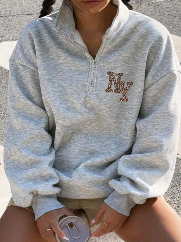 Women's Letter Print Half Zip Sweatshirt, Casual Long Sleeve Pullover for Fall & Winter, Comfortable Women's Clothes for Daily Wear