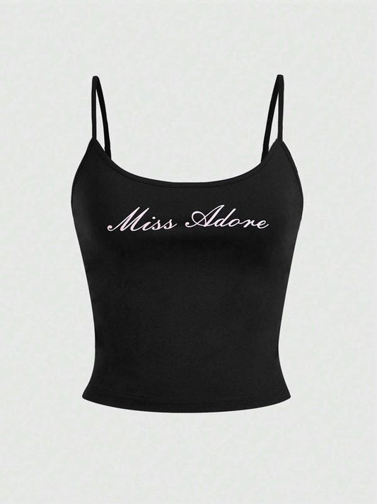 Women's Letter Print Off Shoulder Crop Tank Top, Casual Sleeveless Cropped Top for Summer, Ladies Clothes for Daily Wear