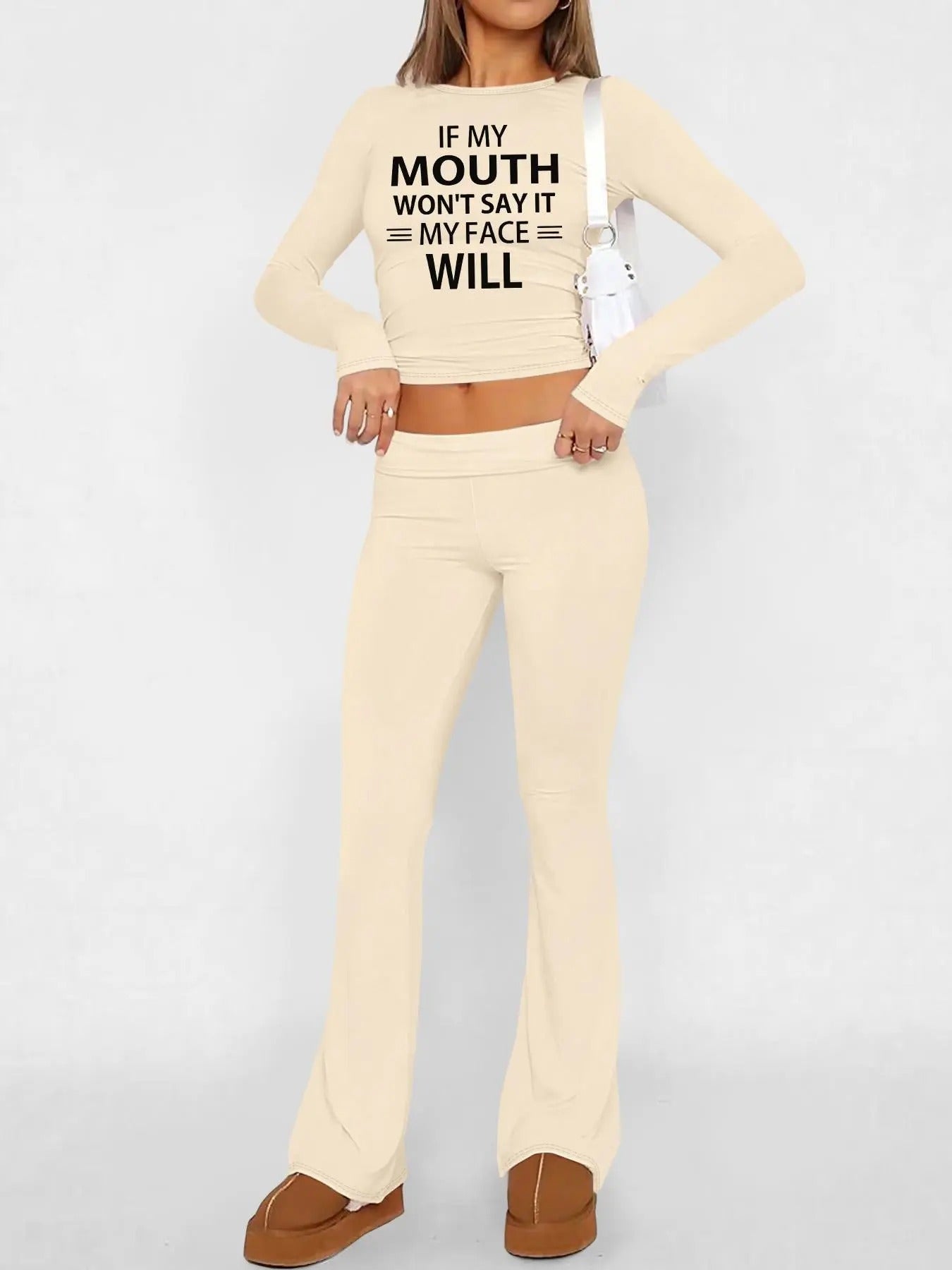 Women's Letter Print Round Neck Crop Tee & Flare Leg Pants Set, Casual Fashion Cozy Long Sleeve Top & Bell Bottom Trousers for Daily Outdoor Wear, Women's Clothing for Fallstyle{n002}5