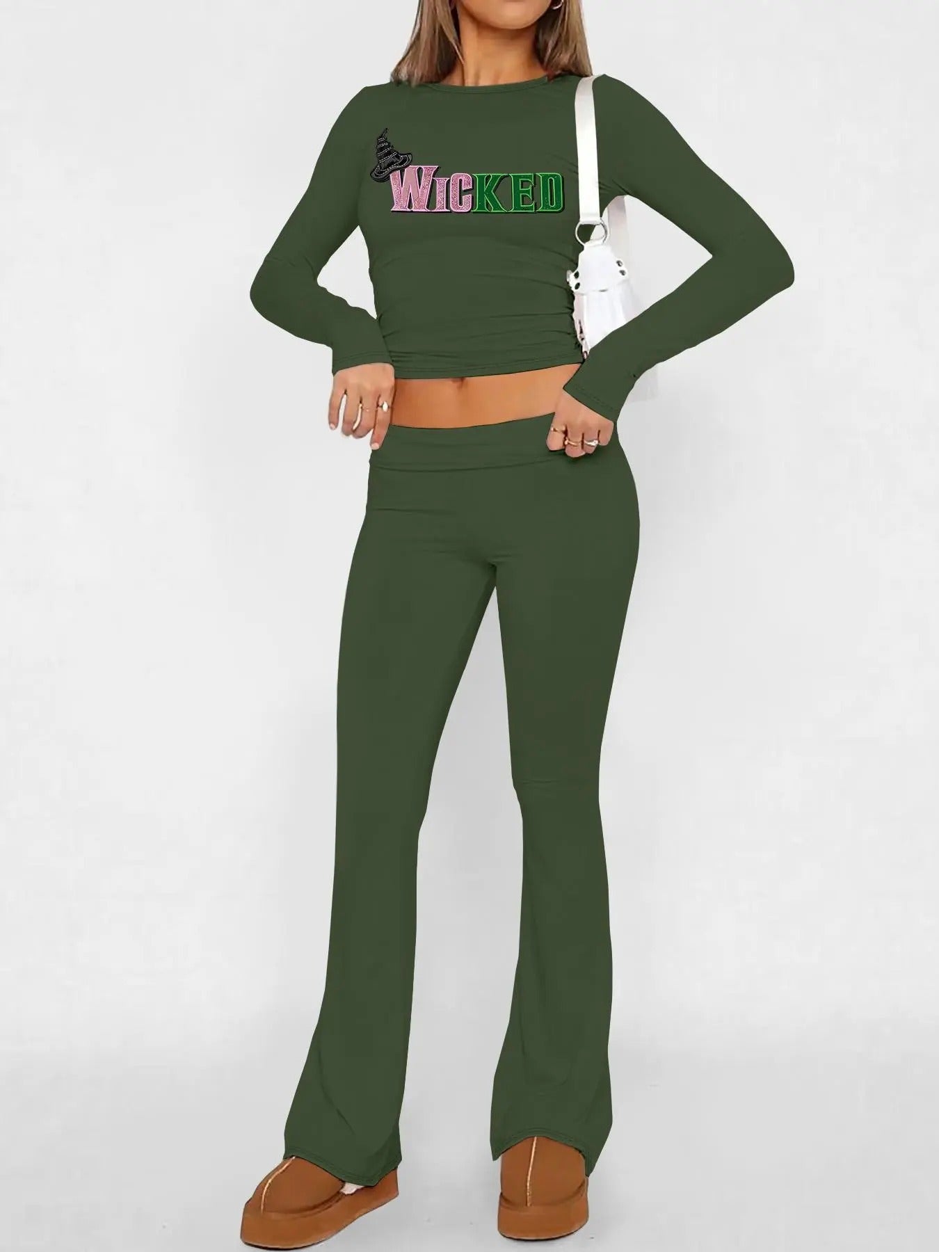 Women's Letter Print Round Neck Crop Tee & Flare Leg Pants Set, Casual Fashion Cozy Long Sleeve Top & Bell Bottom Trousers for Daily Outdoor Wear, Women's Clothing for Fallstyle{n002}3