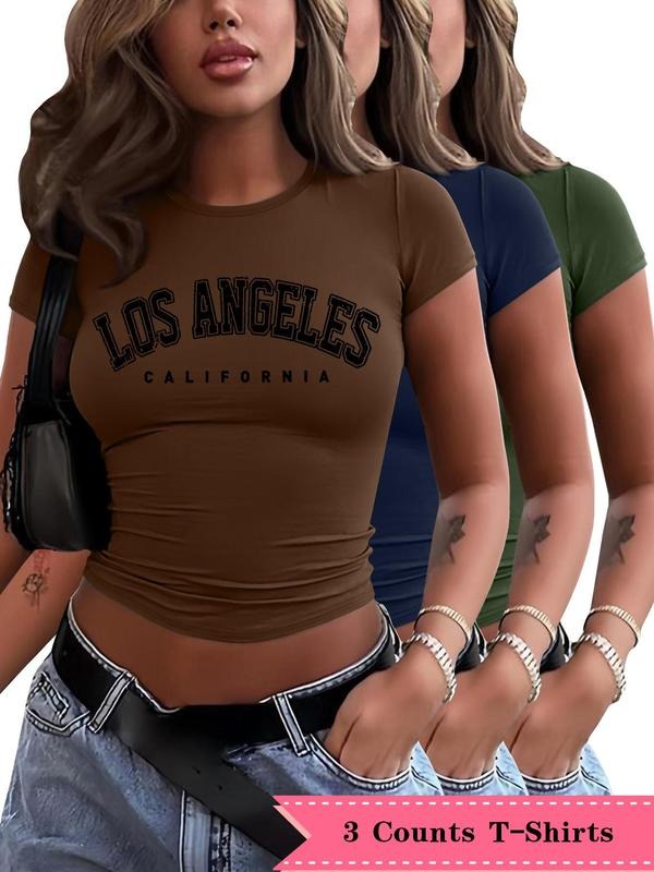 Women's Letter Print Round Neck Crop Tee, Casual Short Sleeve Crew Neck T-shirt for Daily Wear, Ladies Clothes for All Seasons, Topstyle{n002}12