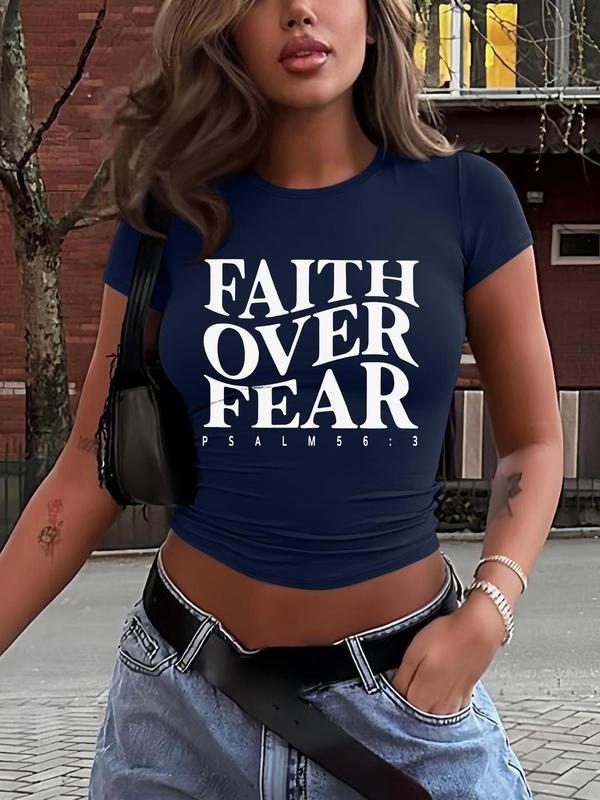 Women's Letter Print Round Neck Crop Tee, Casual Short Sleeve Crew Neck T-shirt for Daily Wear, Ladies Clothes for All Seasons, Topstyle{n002}4