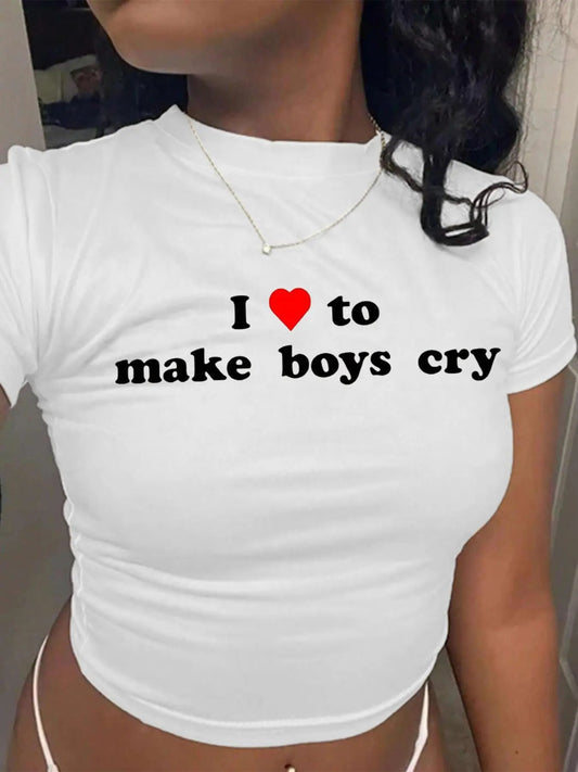 Women's Letter Print Round Neck Crop Tee, Casual Short Sleeve Crew Neck T-shirt for Summer, Fashion Women's Top for Daily...