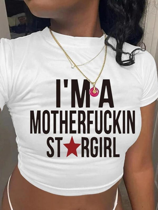 Women's Letter Print Round Neck Crop Tee, Casual Star Print Short Sleeve T-shirt for Summer, Women's Top for Daily Wear