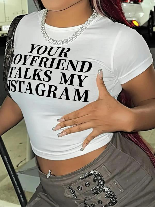 Women's Letter Print Round Neck Crop Tee, Fashion Casual Crew Neck Short Sleeve T-shirt for Daily Holiday Vacation Outdoor Wear, Ladies Clothes for All Seasons, Womenswear