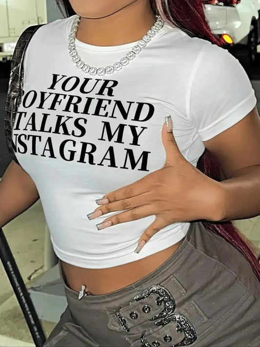 Women's Letter Print Round Neck Crop Tee, Fashion Casual Crew Neck Short Sleeve T-shirt for Daily Holiday Vacation Outdoor Wear, Ladies Clothes for All Seasons, Womenswear