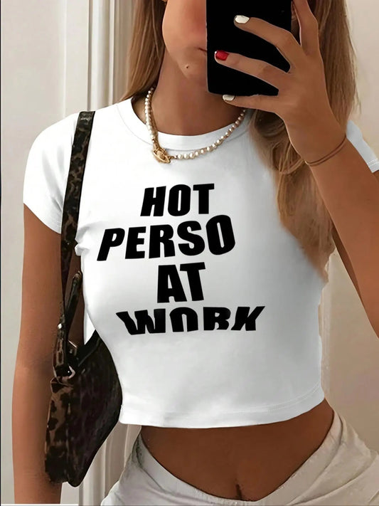 Women's Letter Print Round Neck Crop Tee, Fashion Casual Crew Neck Short Sleeve T-shirt for Daily Holiday Vacation Outdoor Wear, Ladies Clothes for Summer