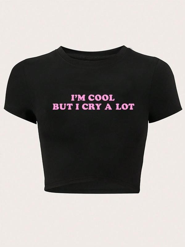 Women's Letter Print Round Neck Crop Tee, Fashion Casual Crew Neck T-Shirt for Daily Holiday Vacation Outdoor Wear, Ladies Clothes for All Seasons