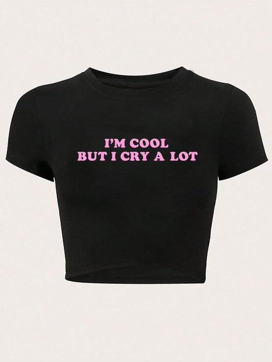 Women's Letter Print Round Neck Crop Tee, Fashion Casual Crew Neck T-Shirt for Daily Holiday Vacation Outdoor Wear, Ladies Clothes for All Seasons