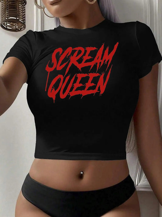 Women's Letter Print Round Neck Crop Tee, Fashion Casual Crew Neck T-shirt for Daily Holiday Vacation Outdoor Wear, Ladies Clothes for Summer, Top