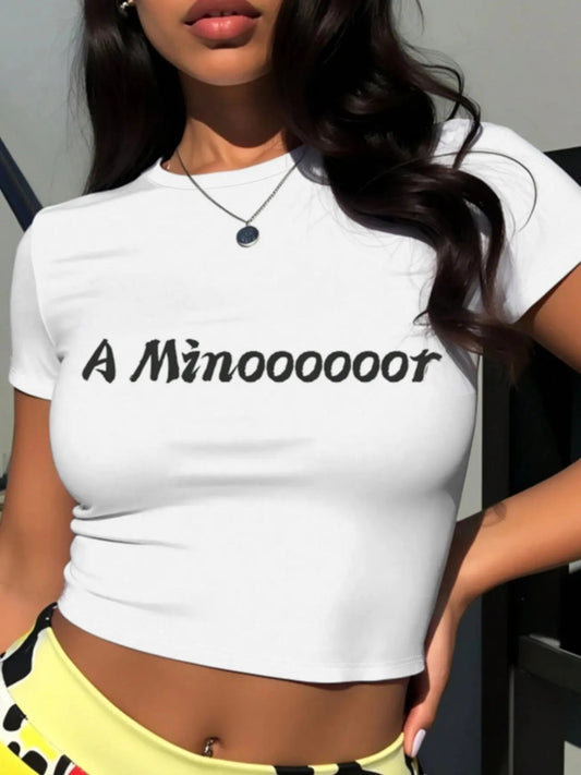 Women's Letter Print Round Neck Crop Tee, Fashion Casual Crew Neck T-shirt for Daily Holiday Vacation Outdoor Wear, Ladies Clothes for Summerstyle{n002}2