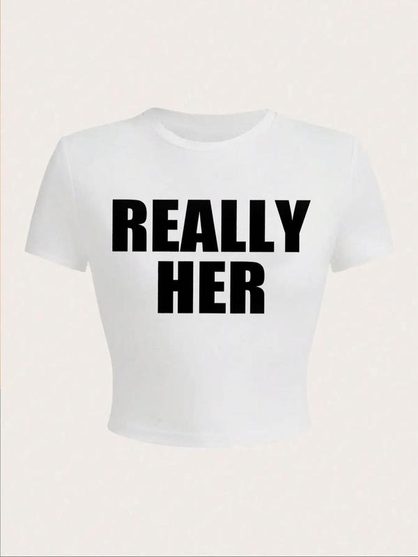 Women's Letter Print Round Neck Crop Tee, Fashion Casual Crew Neck T-shirt for Daily Outdoor Wear, Women's Clothing for Summer