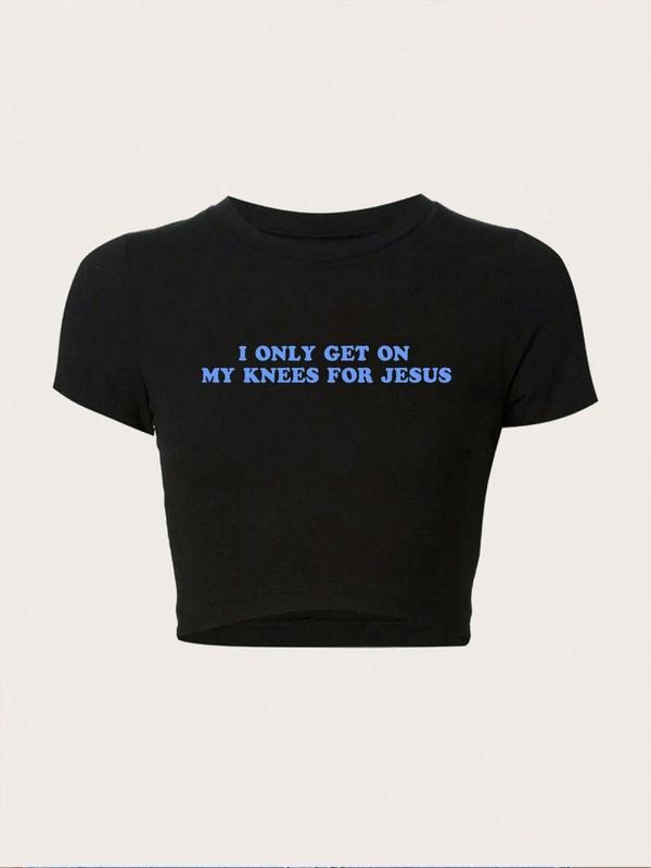 Women's Letter Print Round Neck Crop Tee, Trendy Casual Crew Neck Short Sleeve T-shirt for Daily Wear, Graphic Tees,...