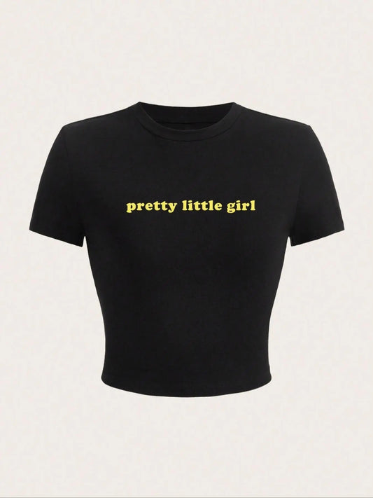 Women's Letter Print Round Neck Crop Tee, Vintage Trendy Casual Short Sleeve Cropped T-Shirt for Daily Wear, Ladies...