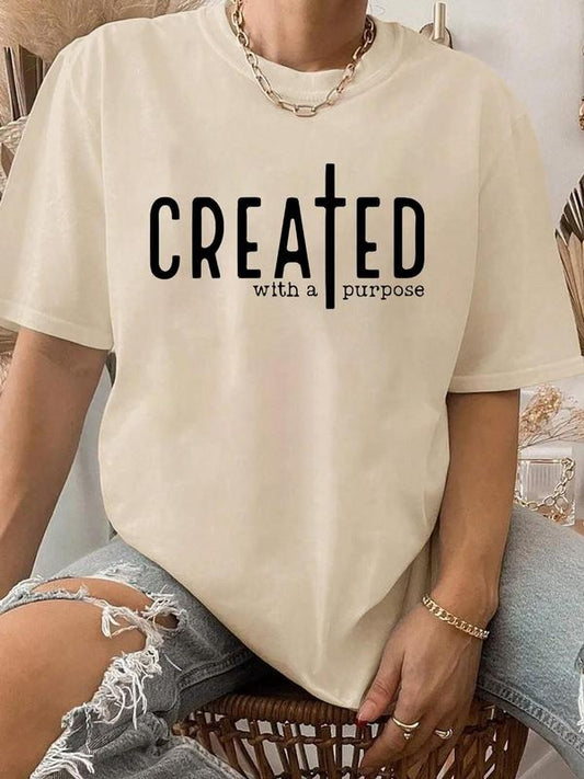 Women's Letter Print Round Neck Graphic Tee, Vintage Trendy Casual Drop Shoulder Half Sleeve T-shirt For Daily Wear,...