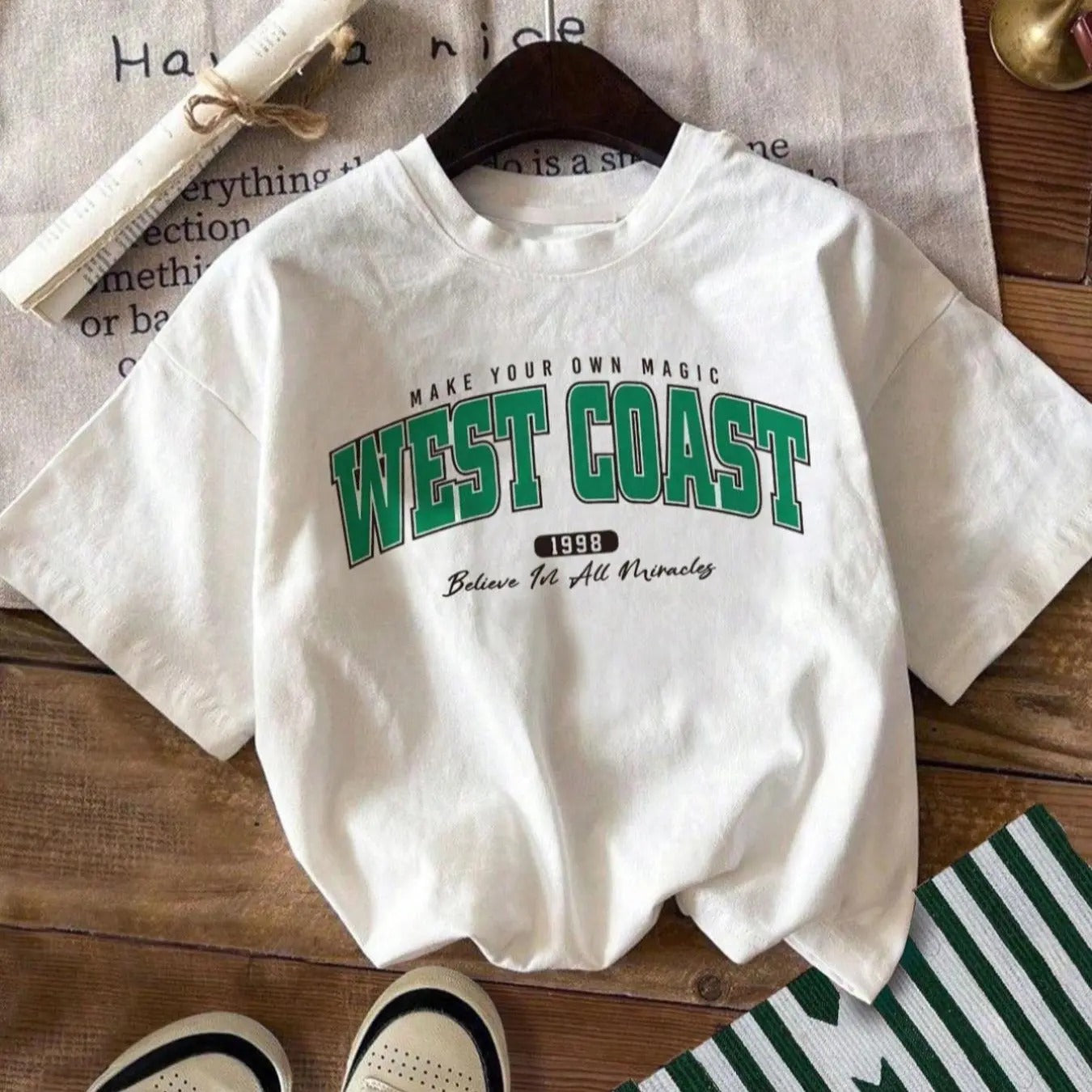 Women's Letter Print Round Neck Graphic Tee, Vintage Trendy Casual Drop Shoulder Short Sleeve T-shirt For Daily Wear,...