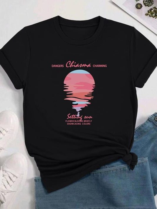 Women's Letter Print Round Neck Graphic Tee, Vintage Trendy Casual Short Sleeve T-shirt for Daily Wear, Ladies All...