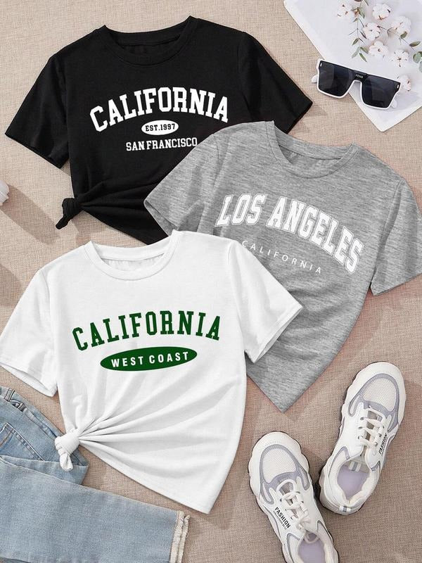 Women's Letter Print Round Neck Graphic Tee, Vintage Trendy Casual Short Sleeve T-shirt for Daily Wear, Ladies All...