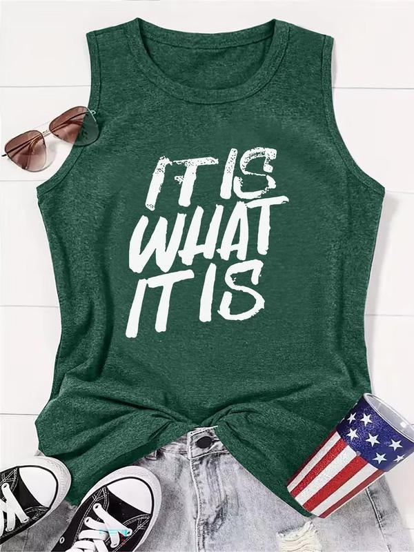 Women's Letter Print Round Neck Tank Top, Casual Sleeveless Crew Neck Top for Summer, Ladies Clothes for Daily Wear, Clothing