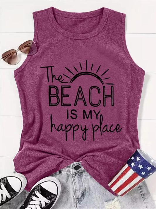 Women's Letter Print Round Neck Tank Top, Casual Sleeveless Top for Summer, Ladies Clothes for Daily Wear T-Shirts,...