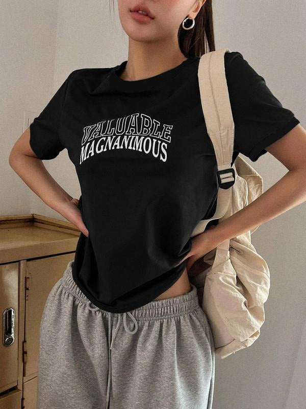 Women's Letter Print Round Neck Tee, Casual "Valuable" Print Crew Neck Short Sleeve T-Shirt for Summer, Fashion Women's Top for Daily Wear