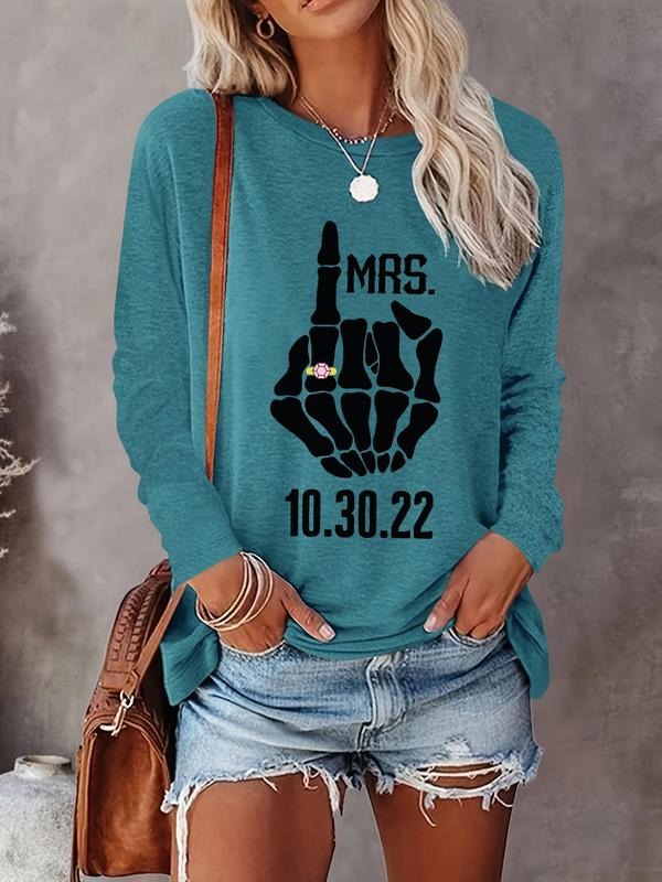 Women's Letter Print Round Neck Tee, Casual Halloween Long Sleeve Crew Neck T-shirt for Daily Holiday Vacation Outdoor Wear, Ladies Clothes for All Seasons