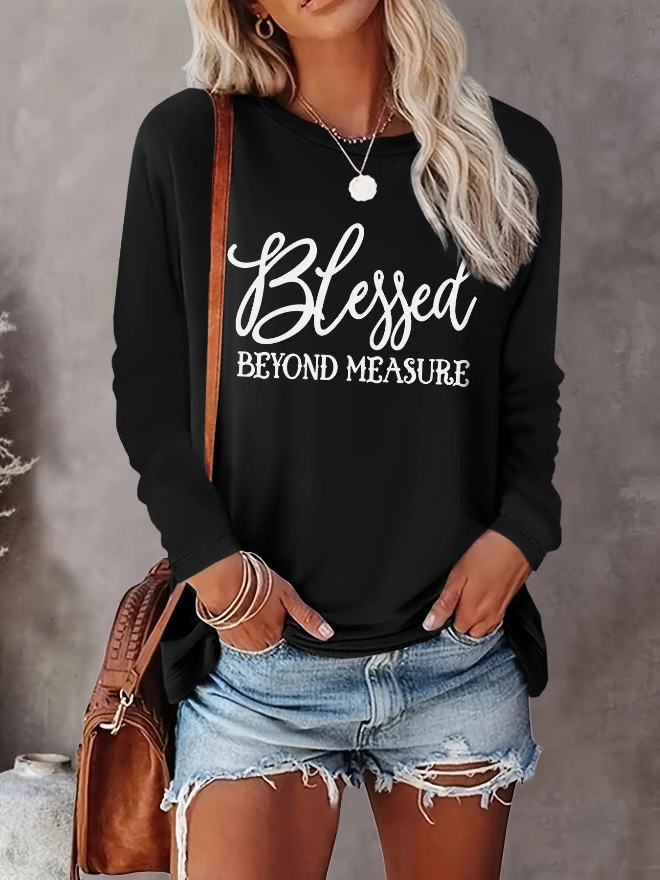 Women's Letter Print Round Neck Tee, Casual Long Sleeve Crew Neck T-shirt for Fall & Winter, Women's Top for Daily Wearstyle{n002}11