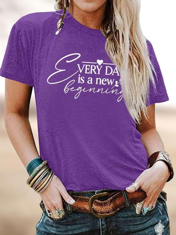 Women's Letter Print Round Neck Tee, Fashion Casual Crew Neck Short Sleeve T-shirt for Daily Holiday Vacation Outdoor Wear, Ladies Clothes for All Seasons