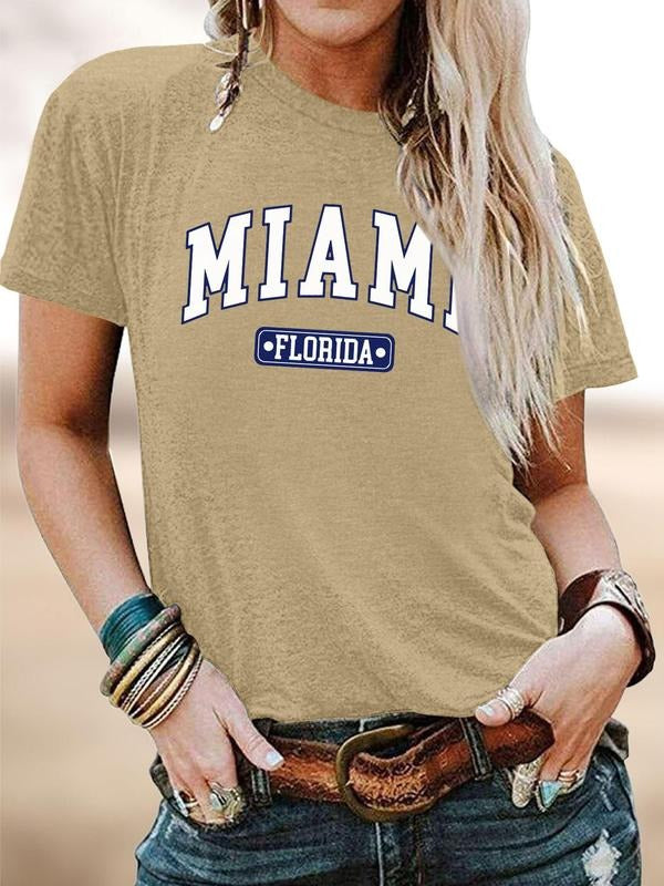 Women's Letter Print Round Neck Tee, Fashion Casual Crew Neck Short Sleeve T-shirt for Daily Holiday Vacation Outdoor Wear, Ladies Clothes for All Seasons, Top