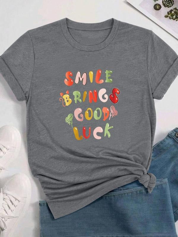 Women's Letter Print Round Neck Tee, Fashion Casual Crew Neck T-Shirt for Daily Holiday Vacation Outdoor Wear, Ladies Clothes for All Seasons, Topstyle{n002}3