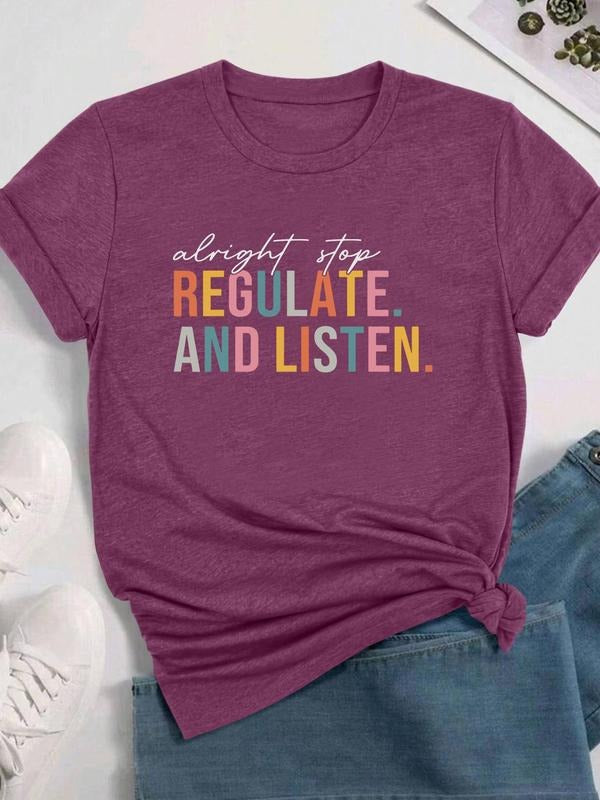 Women's Letter Print Round Neck Tee, Fashion Casual Crew Neck T-Shirt for Daily Holiday Vacation Outdoor Wear, Ladies Clothes for All Seasonsstyle{n002}4